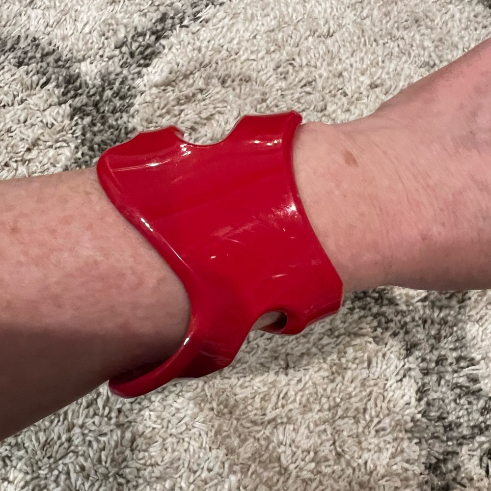 Red Lucite Plastic Cuff Bracelet with Heart Shaped Cut Outs VINTAGE
